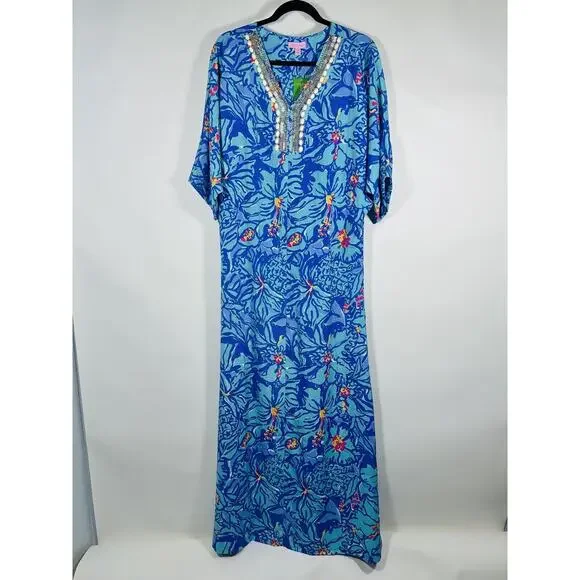 NWT Rare Lilly Pulitzer Wilda Maxi Caftan Iris Blue Mai Tai Size XS Missing Belt - Picture 4 of 11
